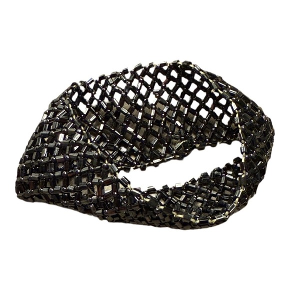 Micro Beaded Black Elastic Cuff Bracelet Woven - Picture 2 of 4